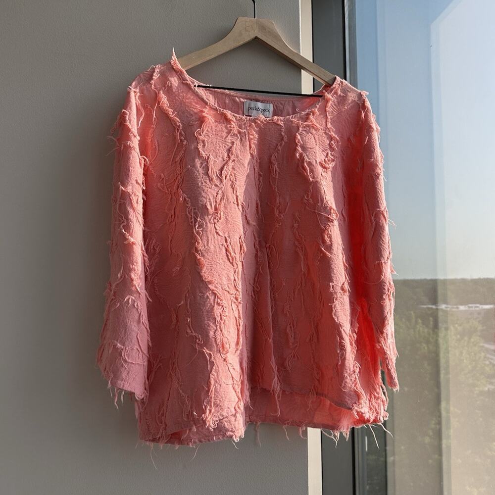 Peck & Peck Pink Textured Fringe Linen Blend Round Neck 3/4 Sleeve Women L